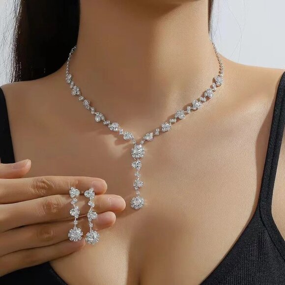 3/$35 Sparkling CZ Crystal Rhinestone Necklace & Earrings Set Silver Jewelry - Picture 1 of 4